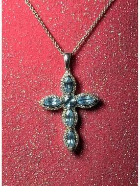 Christian Cross pendant blue Topaz solid SS925 and chain 18”